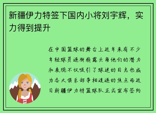 新疆伊力特签下国内小将刘宇辉，实力得到提升