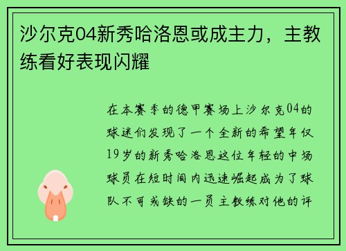 沙尔克04新秀哈洛恩或成主力，主教练看好表现闪耀