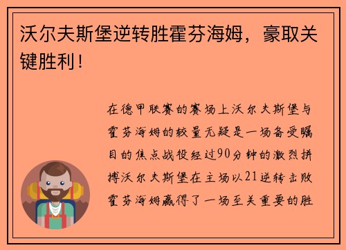 沃尔夫斯堡逆转胜霍芬海姆，豪取关键胜利！